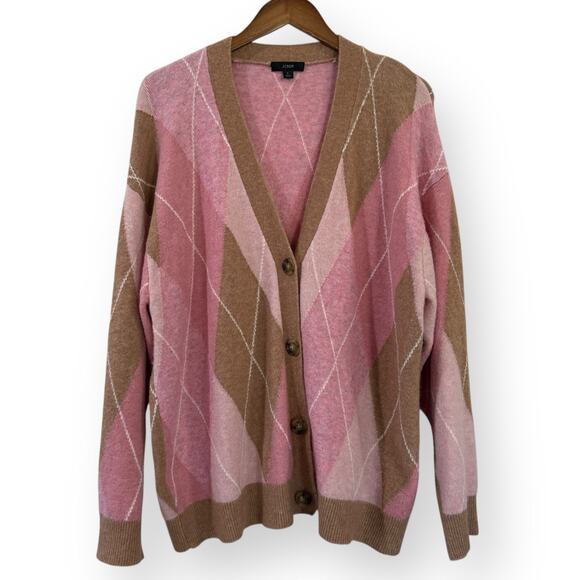 J Crew Womens Oversize Cardigan Sweater L Argyle Supersoft Wool Alpaca Pink Tan - Picture 1 of 11